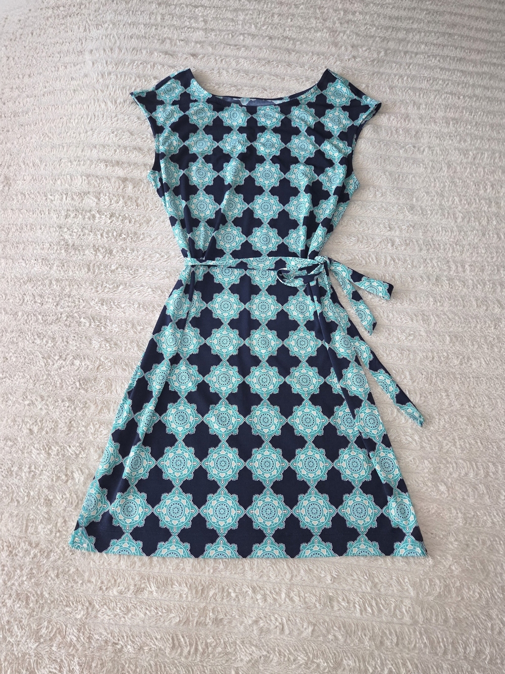 Banana Republic Sleeveless Navy & Teal Patterned Belted Dress, XS
